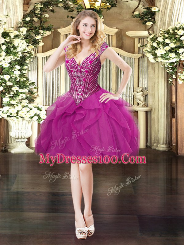 Fuchsia Lace Up V-neck Beading and Ruffles 15th Birthday Dress Organza Sleeveless
