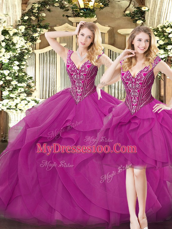 Fuchsia Lace Up V-neck Beading and Ruffles 15th Birthday Dress Organza Sleeveless