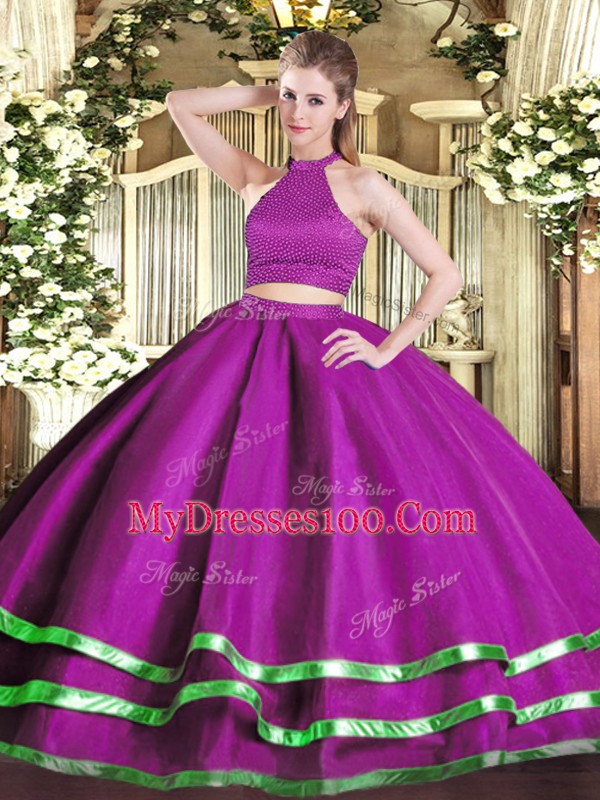 Halter Top Sleeveless Backless 15 Quinceanera Dress Fuchsia Tulle