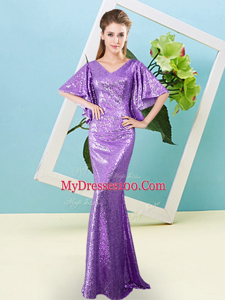 Custom Made V-neck Half Sleeves Prom Party Dress Floor Length Sequins Lavender Sequined