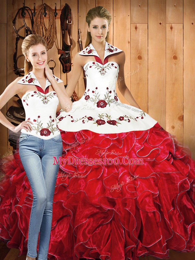 Cheap Sleeveless Lace Up Floor Length Embroidery and Ruffles Quinceanera Gowns