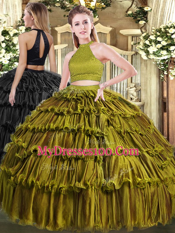 Olive Green Halter Top Neckline Beading and Ruffled Layers Ball Gown Prom Dress Sleeveless Backless
