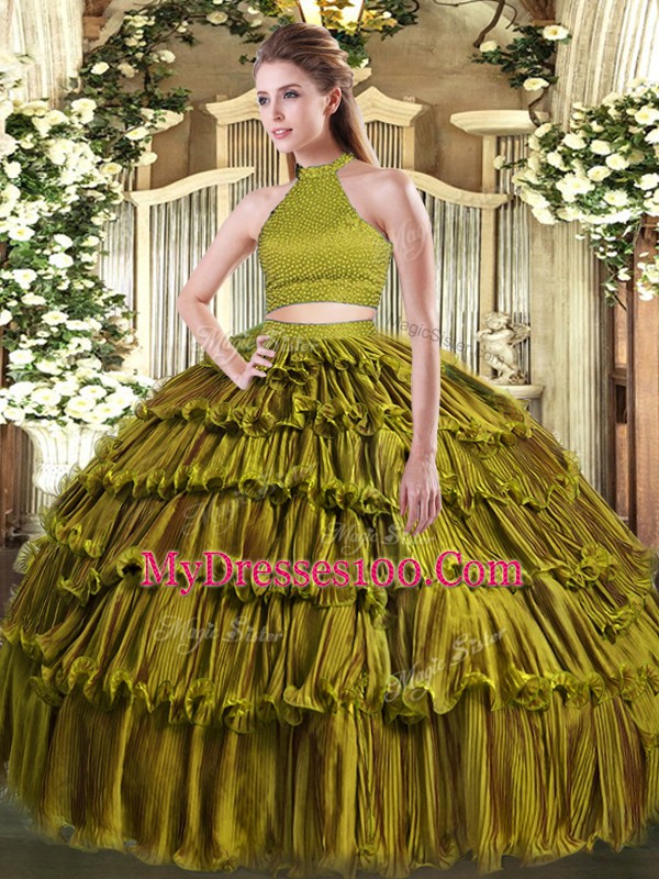 Olive Green Halter Top Neckline Beading and Ruffled Layers Ball Gown Prom Dress Sleeveless Backless