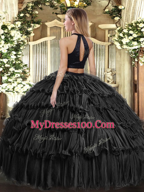 Olive Green Halter Top Neckline Beading and Ruffled Layers Ball Gown Prom Dress Sleeveless Backless