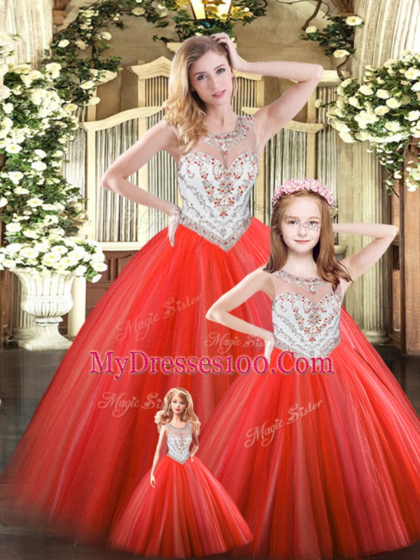 Red Ball Gowns Beading Quinceanera Gown Lace Up Tulle Sleeveless Floor Length