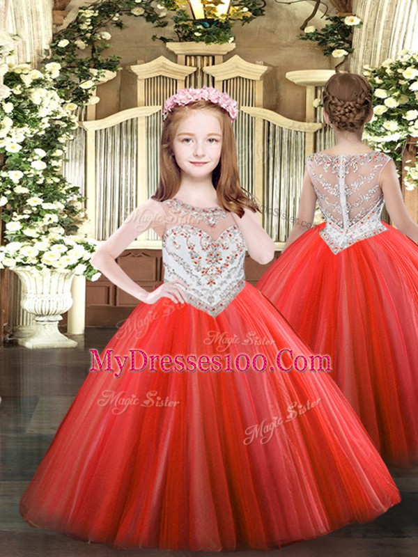 Red Ball Gowns Beading Quinceanera Gown Lace Up Tulle Sleeveless Floor Length