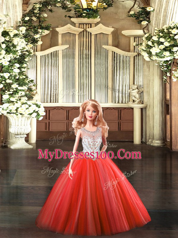 Red Ball Gowns Beading Quinceanera Gown Lace Up Tulle Sleeveless Floor Length