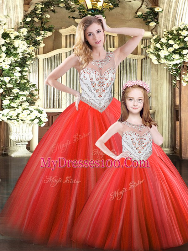 Red Ball Gowns Beading Quinceanera Gown Lace Up Tulle Sleeveless Floor Length