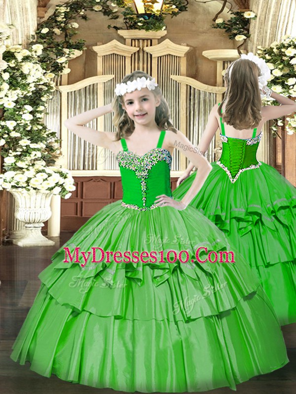 Trendy Straps Sleeveless Pageant Gowns For Girls Floor Length Beading and Ruffled Layers Green Organza