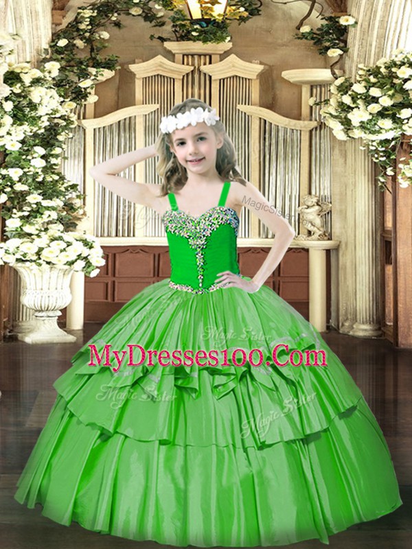 Trendy Straps Sleeveless Pageant Gowns For Girls Floor Length Beading and Ruffled Layers Green Organza