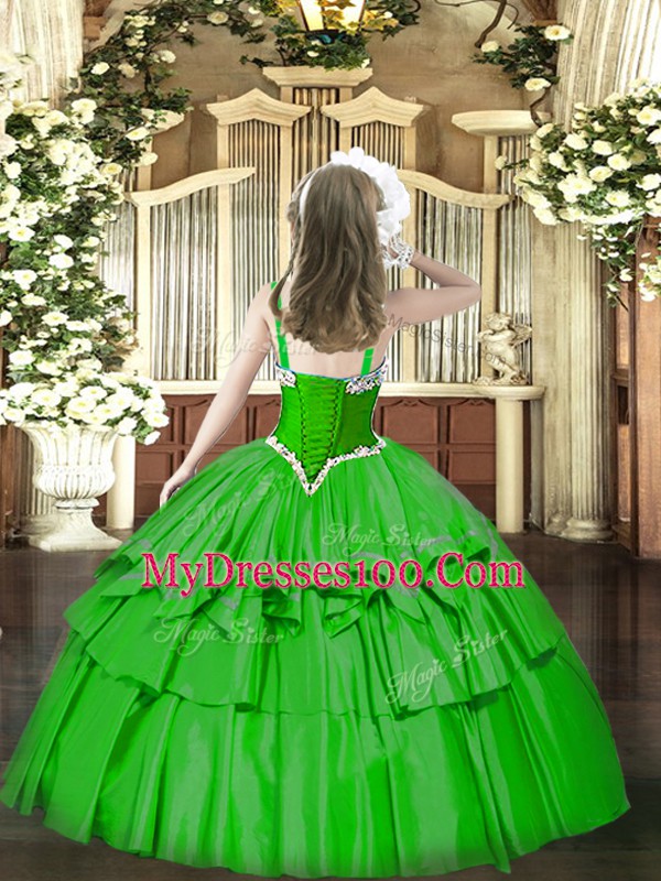 Trendy Straps Sleeveless Pageant Gowns For Girls Floor Length Beading and Ruffled Layers Green Organza