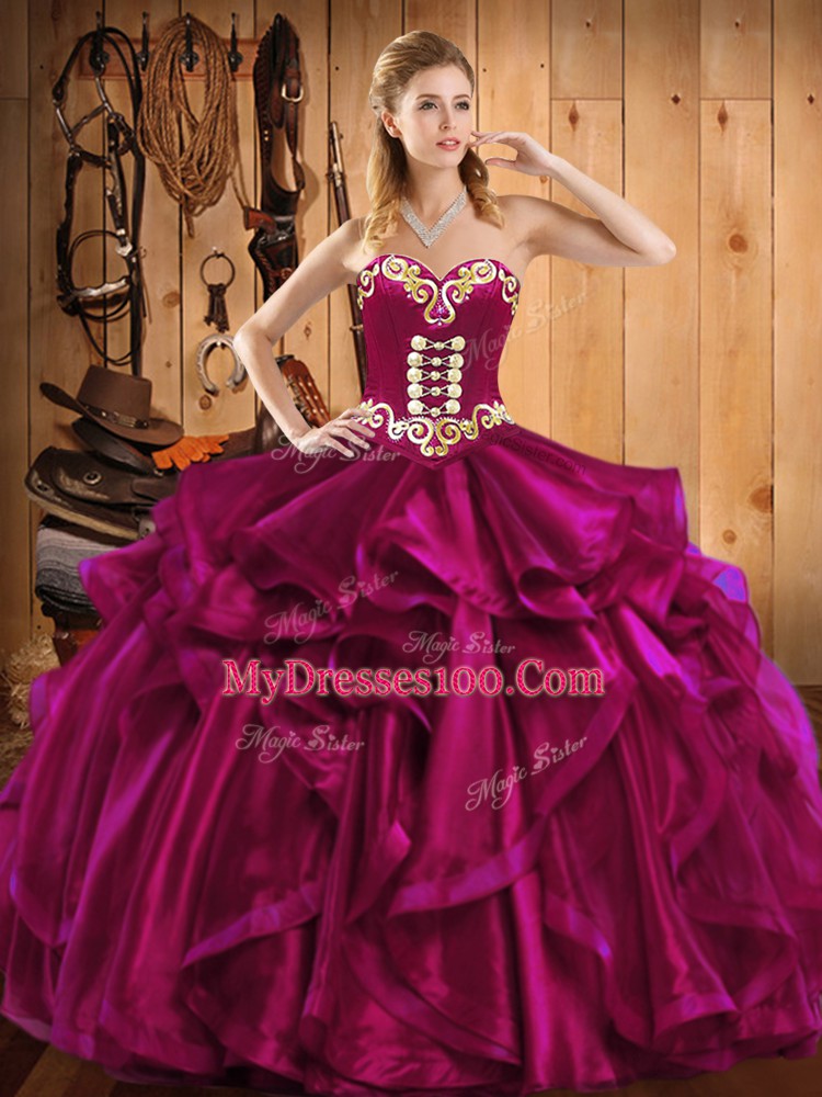 Latest Sleeveless Floor Length Embroidery and Ruffles Lace Up Sweet 16 Dresses with Fuchsia