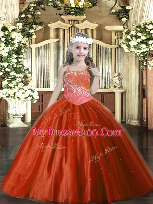 Tulle Sleeveless Floor Length Little Girls Pageant Dress Wholesale and Beading