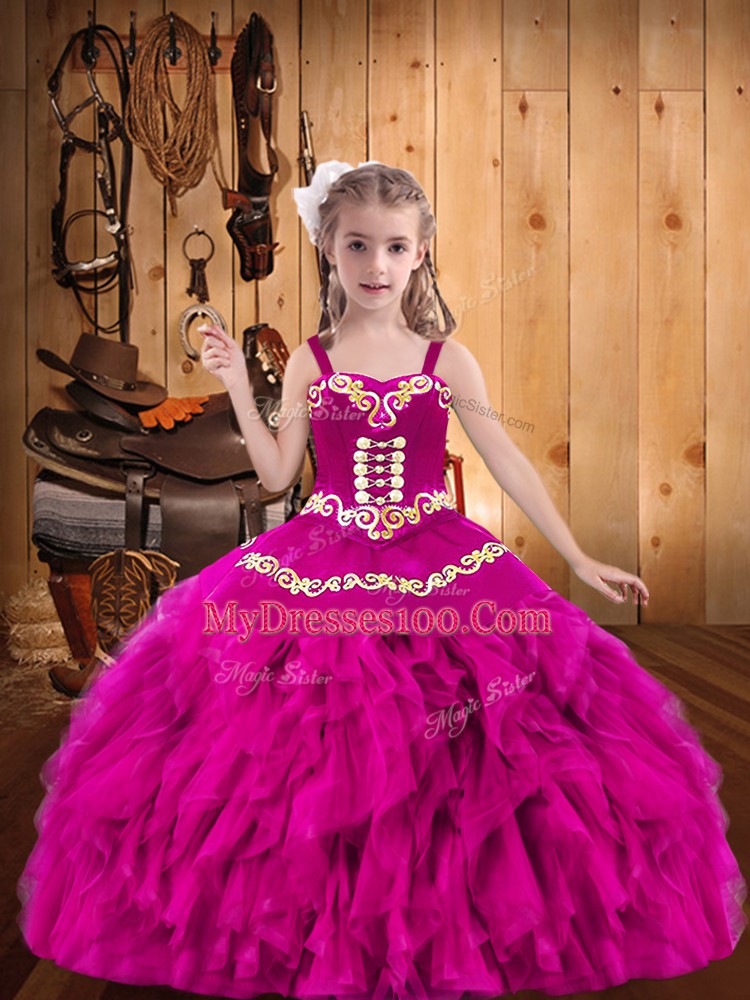 Fuchsia Ball Gowns Organza Straps Sleeveless Embroidery and Ruffles Floor Length Lace Up Kids Formal Wear