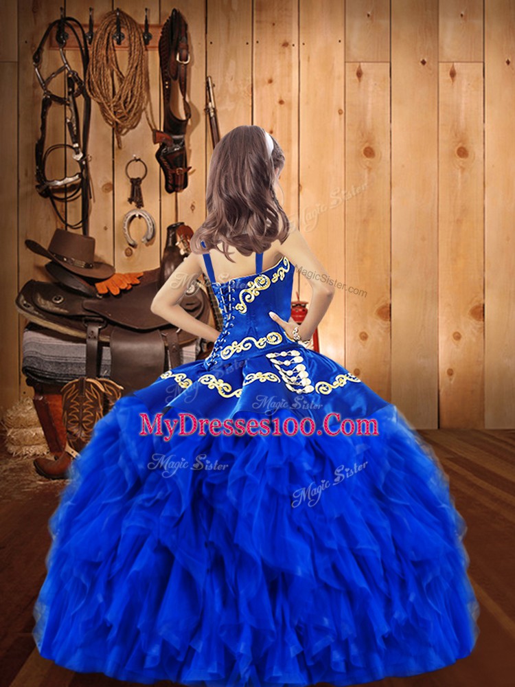 Fuchsia Ball Gowns Organza Straps Sleeveless Embroidery and Ruffles Floor Length Lace Up Kids Formal Wear