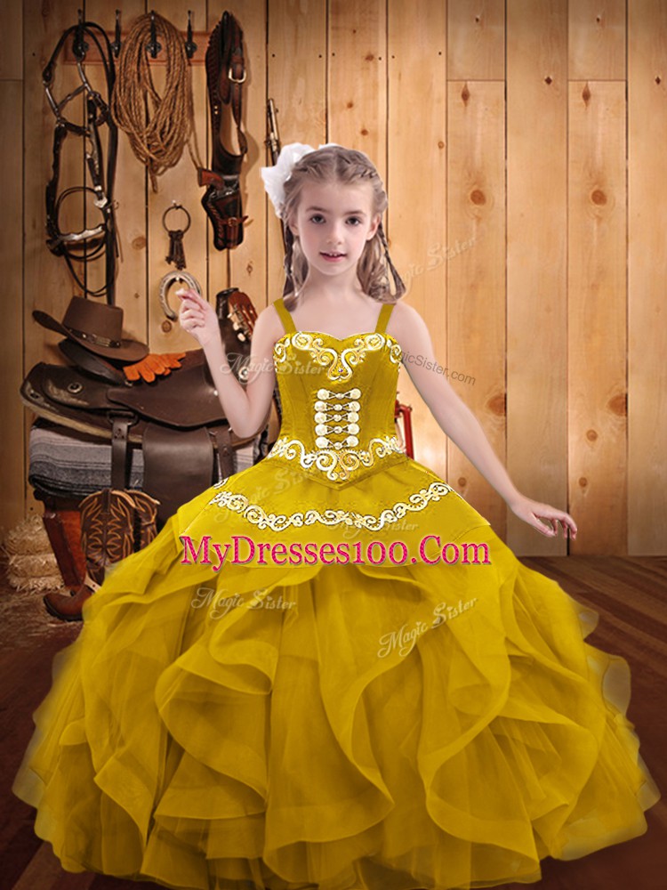 Gold Straps Lace Up Embroidery and Ruffles Little Girls Pageant Gowns Sleeveless