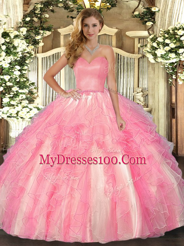 Shining Rose Pink Ball Gowns Sweetheart Sleeveless Organza Floor Length Lace Up Ruffles Sweet 16 Dress