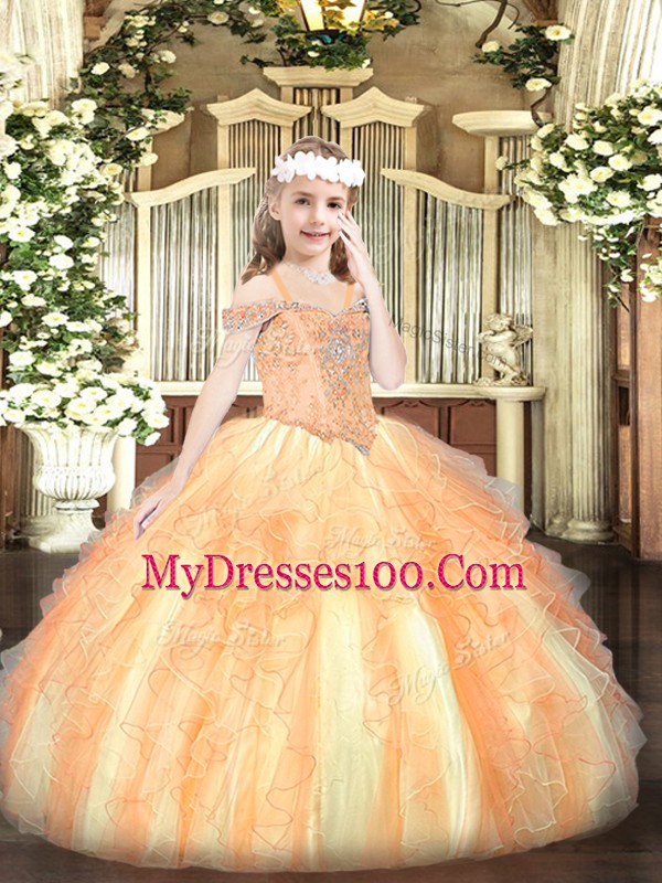 Orange Organza Lace Up Off The Shoulder Sleeveless Floor Length Kids Pageant Dress Beading and Ruffles
