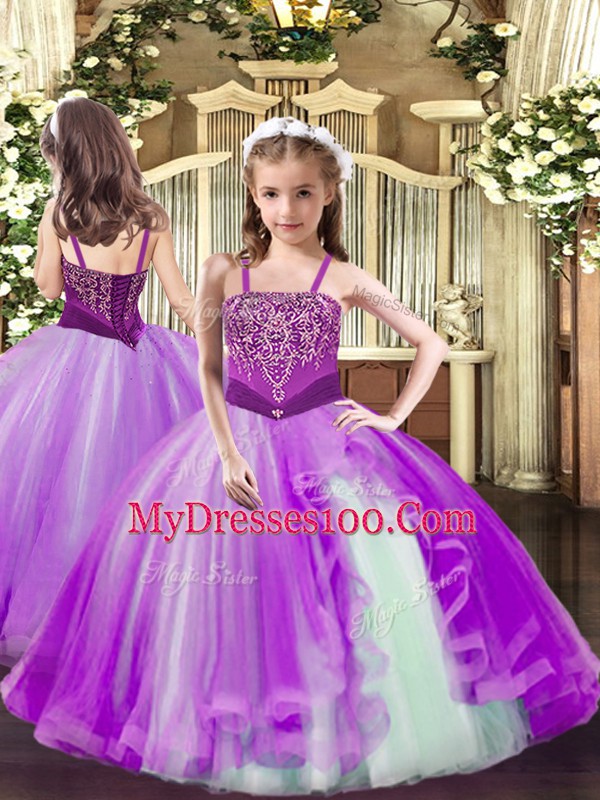 Floor Length Ball Gowns Sleeveless Lilac Little Girl Pageant Dress Lace Up