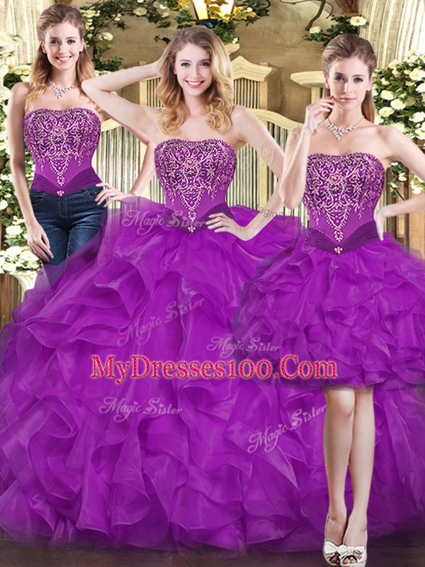 Dazzling Beading and Ruffles 15 Quinceanera Dress Purple Lace Up Sleeveless Floor Length