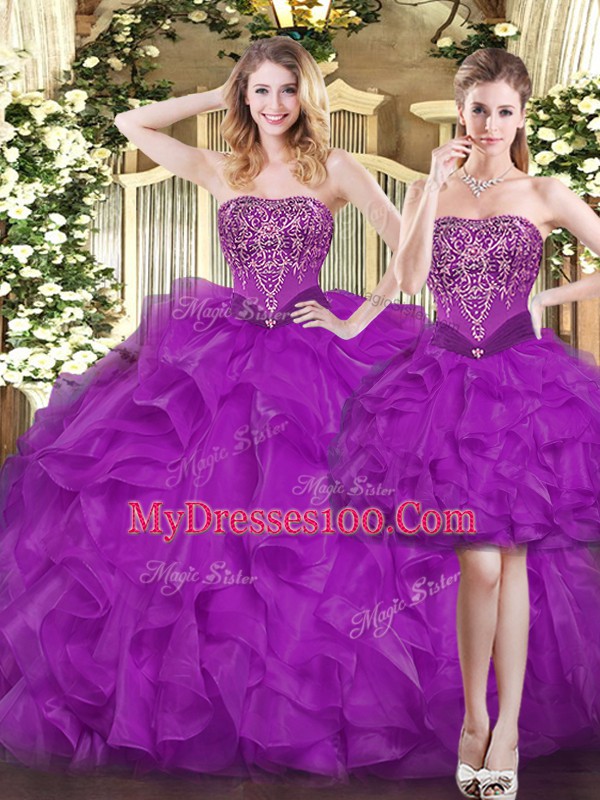 Dazzling Beading and Ruffles 15 Quinceanera Dress Purple Lace Up Sleeveless Floor Length