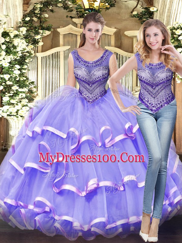 On Sale Lavender Lace Up Sweet 16 Dresses Beading and Ruffled Layers Sleeveless Floor Length
