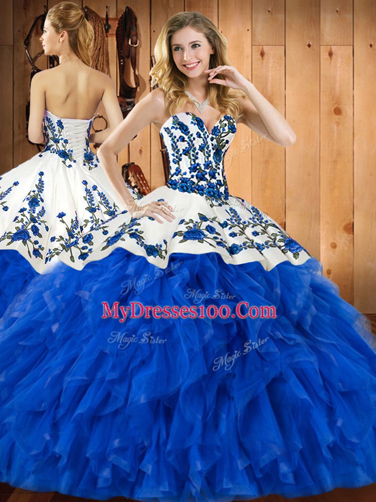 Custom Fit Blue Sweetheart Neckline Embroidery and Ruffles Quinceanera Dress Sleeveless Lace Up