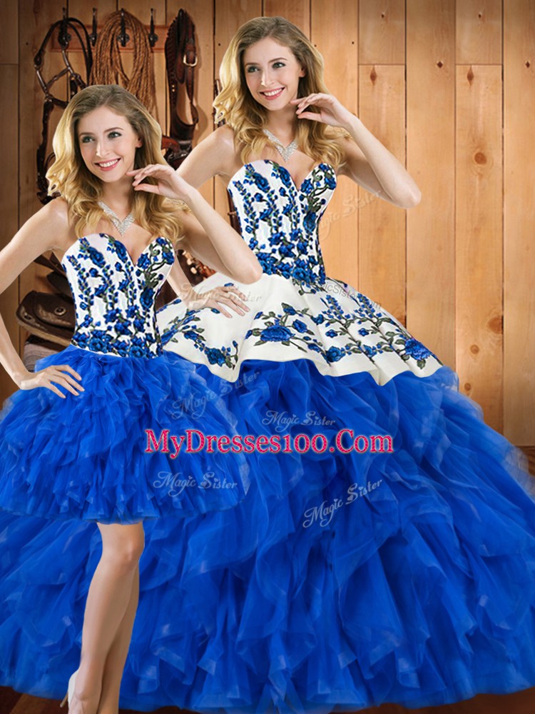 Custom Fit Blue Sweetheart Neckline Embroidery and Ruffles Quinceanera Dress Sleeveless Lace Up
