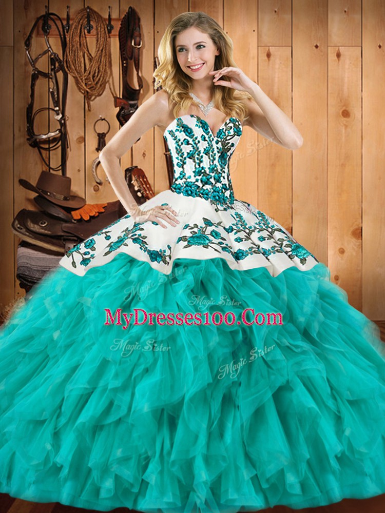 Turquoise Lace Up Sweetheart Embroidery and Ruffles Sweet 16 Quinceanera Dress Satin and Organza Sleeveless