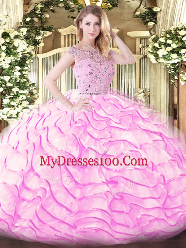 New Arrival Tulle Bateau Sleeveless Sweep Train Zipper Beading and Ruffled Layers Sweet 16 Dresses in Lilac
