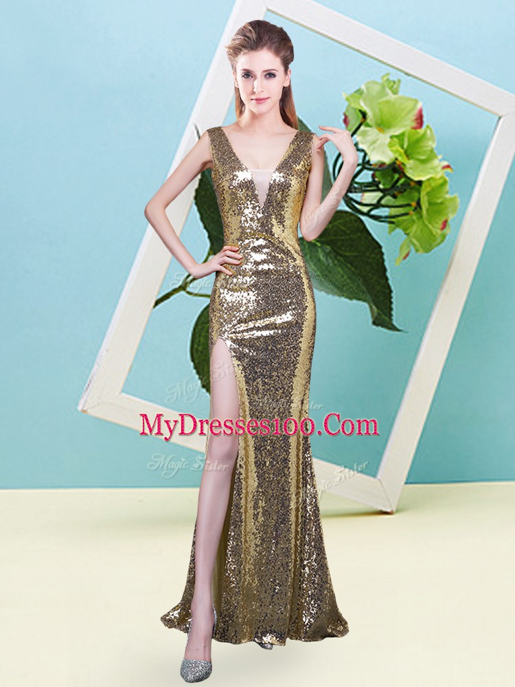 Decent V-neck Sleeveless Zipper Prom Dresses Yellow Sequined