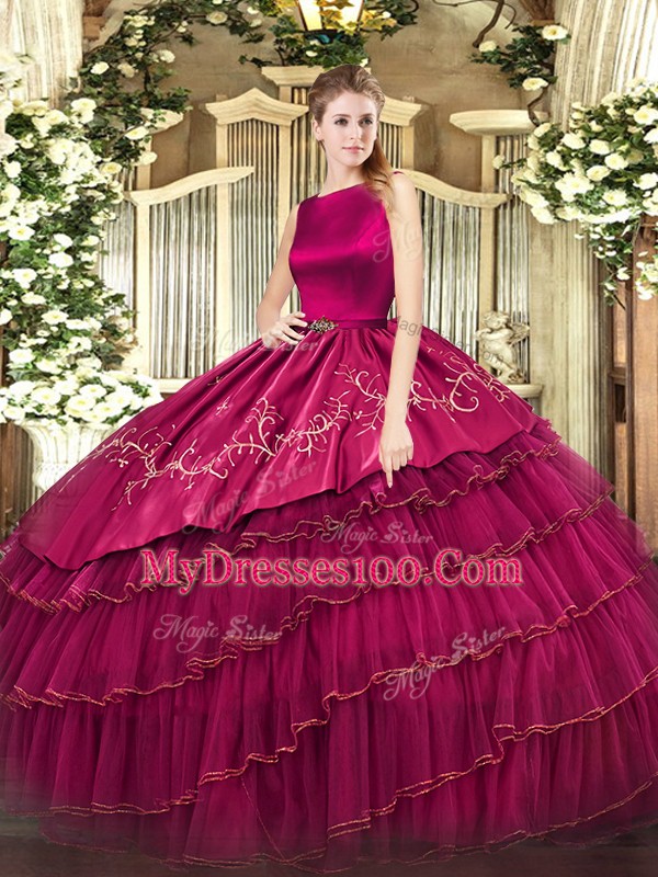 Excellent Fuchsia Ball Gowns Embroidery and Ruffled Layers Vestidos de Quinceanera Clasp Handle Organza Sleeveless Floor Length