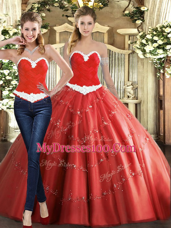 Exquisite Floor Length Lace Up Quince Ball Gowns Coral Red for Military Ball and Sweet 16 and Quinceanera with Beading