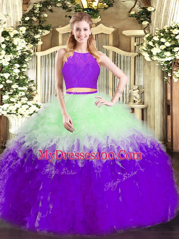 Gorgeous Multi-color Two Pieces Scoop Sleeveless Tulle Floor Length Zipper Ruffles Vestidos de Quinceanera