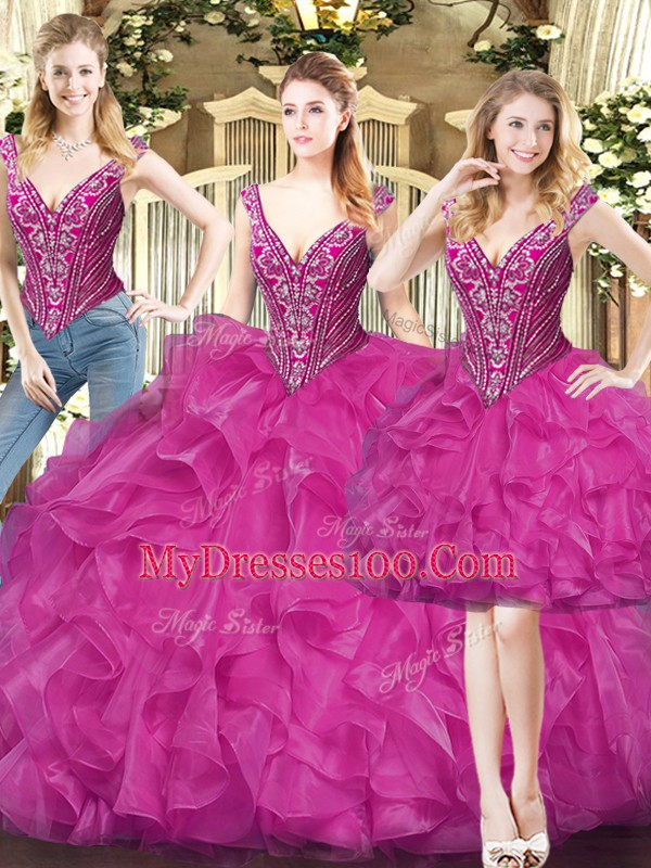 Discount Floor Length Fuchsia Ball Gown Prom Dress V-neck Sleeveless Lace Up