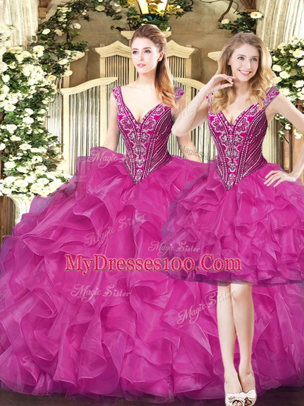 Discount Floor Length Fuchsia Ball Gown Prom Dress V-neck Sleeveless Lace Up
