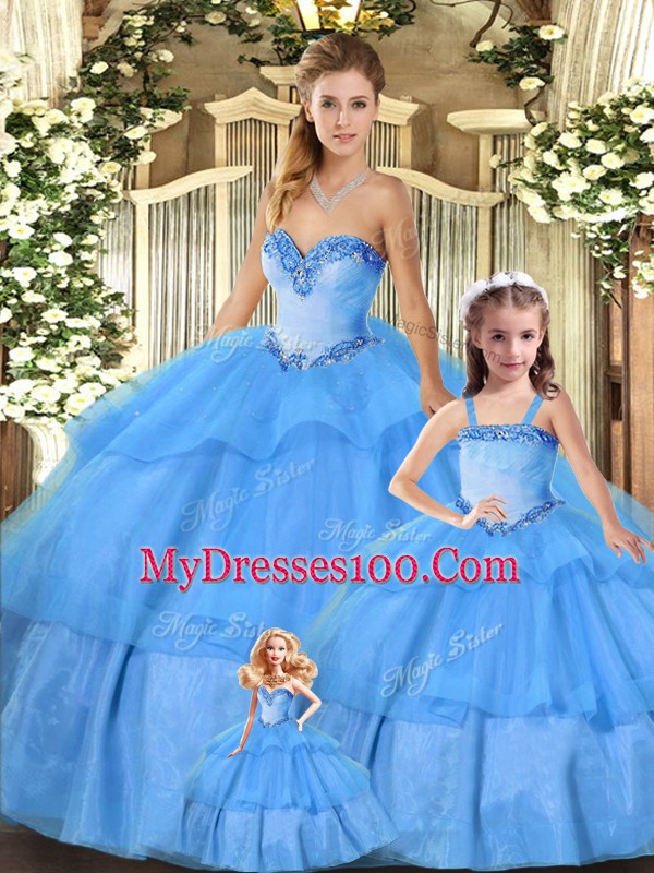 Spectacular Organza Sweetheart Sleeveless Lace Up Beading and Ruffled Layers Quinceanera Gowns in Baby Blue