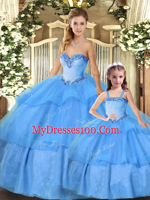 Spectacular Organza Sweetheart Sleeveless Lace Up Beading and Ruffled Layers Quinceanera Gowns in Baby Blue