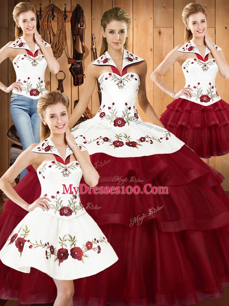 Custom Fit Wine Red Lace Up Sweet 16 Dresses Embroidery and Ruffled Layers Sleeveless With Train Sweep Train