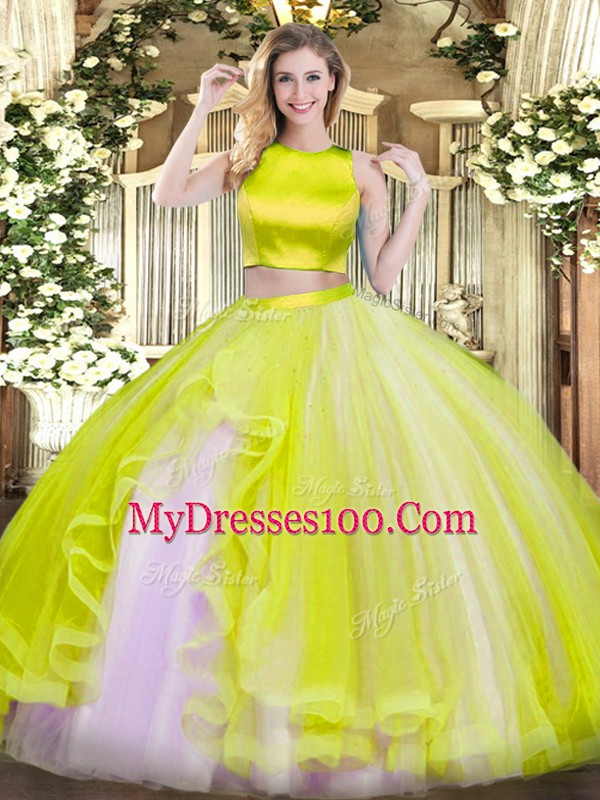 Yellow Green High-neck Neckline Ruffles Quinceanera Dresses Sleeveless Criss Cross