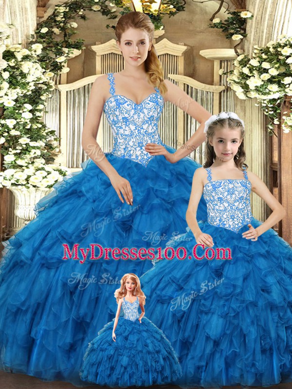 Simple Floor Length Lace Up Ball Gown Prom Dress Teal for Military Ball and Sweet 16 and Quinceanera with Beading and Ruffles