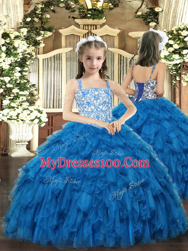 Simple Floor Length Lace Up Ball Gown Prom Dress Teal for Military Ball and Sweet 16 and Quinceanera with Beading and Ruffles