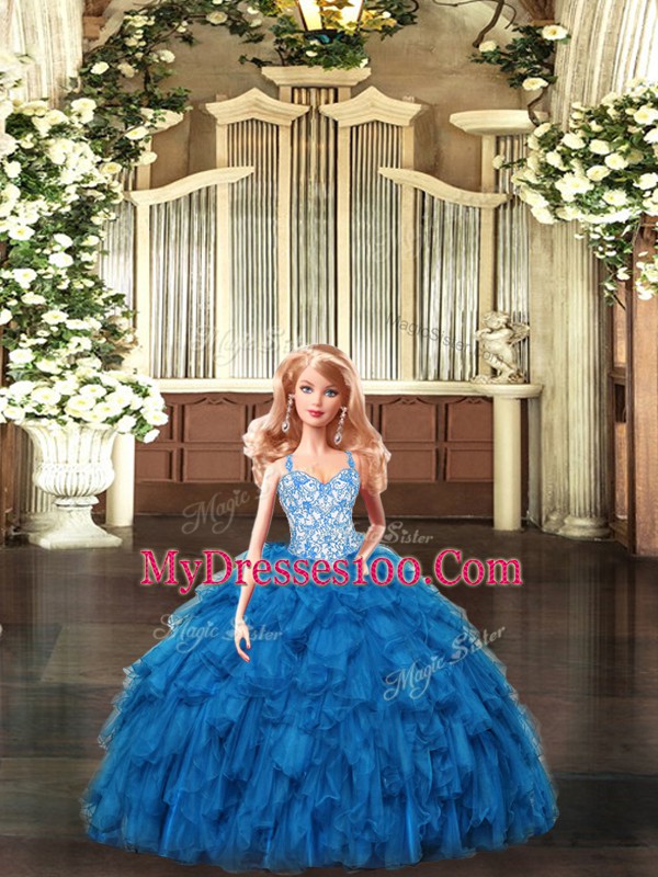 Simple Floor Length Lace Up Ball Gown Prom Dress Teal for Military Ball and Sweet 16 and Quinceanera with Beading and Ruffles
