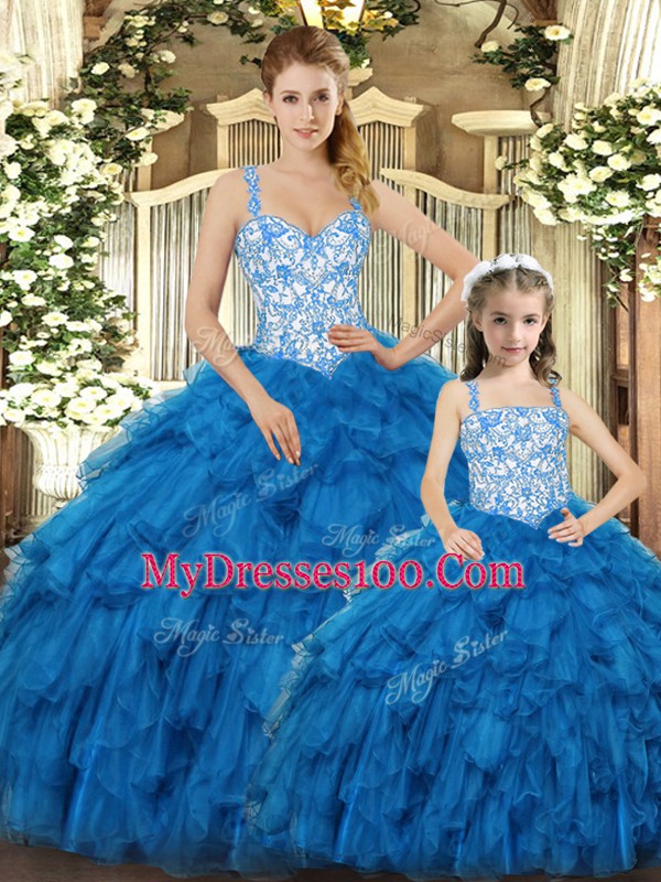 Simple Floor Length Lace Up Ball Gown Prom Dress Teal for Military Ball and Sweet 16 and Quinceanera with Beading and Ruffles