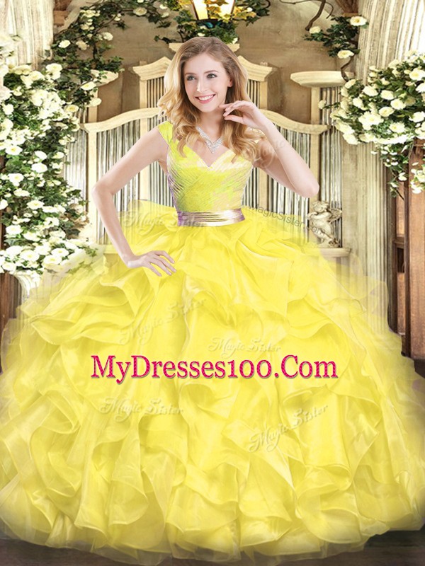 Free and Easy Yellow Sleeveless Tulle Zipper Quince Ball Gowns for Military Ball and Sweet 16 and Quinceanera