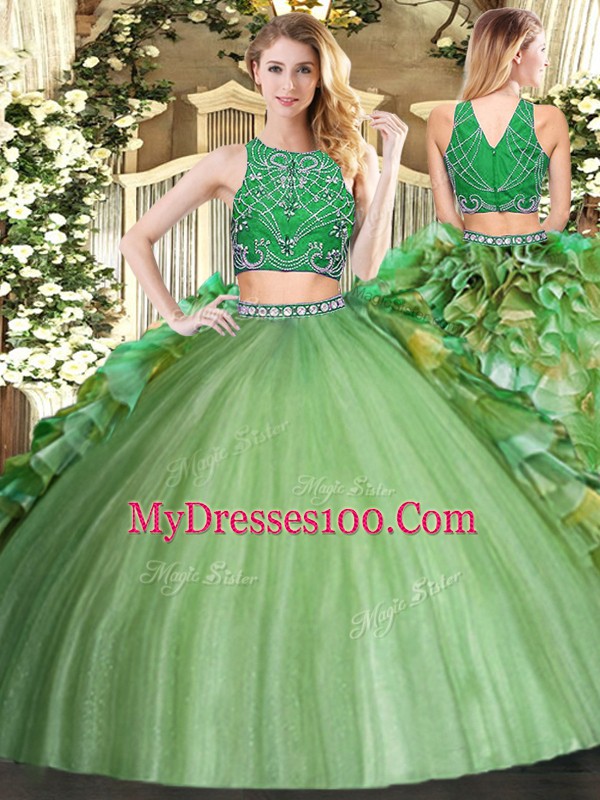 Glorious Olive Green Sleeveless Beading and Ruffles Floor Length 15th Birthday Dress