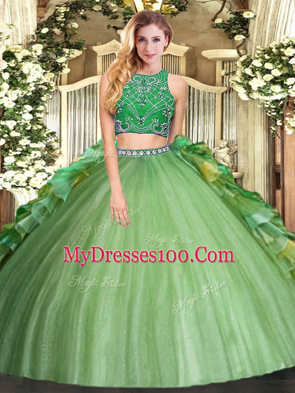 Glorious Olive Green Sleeveless Beading and Ruffles Floor Length 15th Birthday Dress