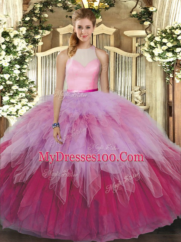 Attractive Ball Gowns Sweet 16 Dresses Multi-color High-neck Tulle Sleeveless Floor Length Backless