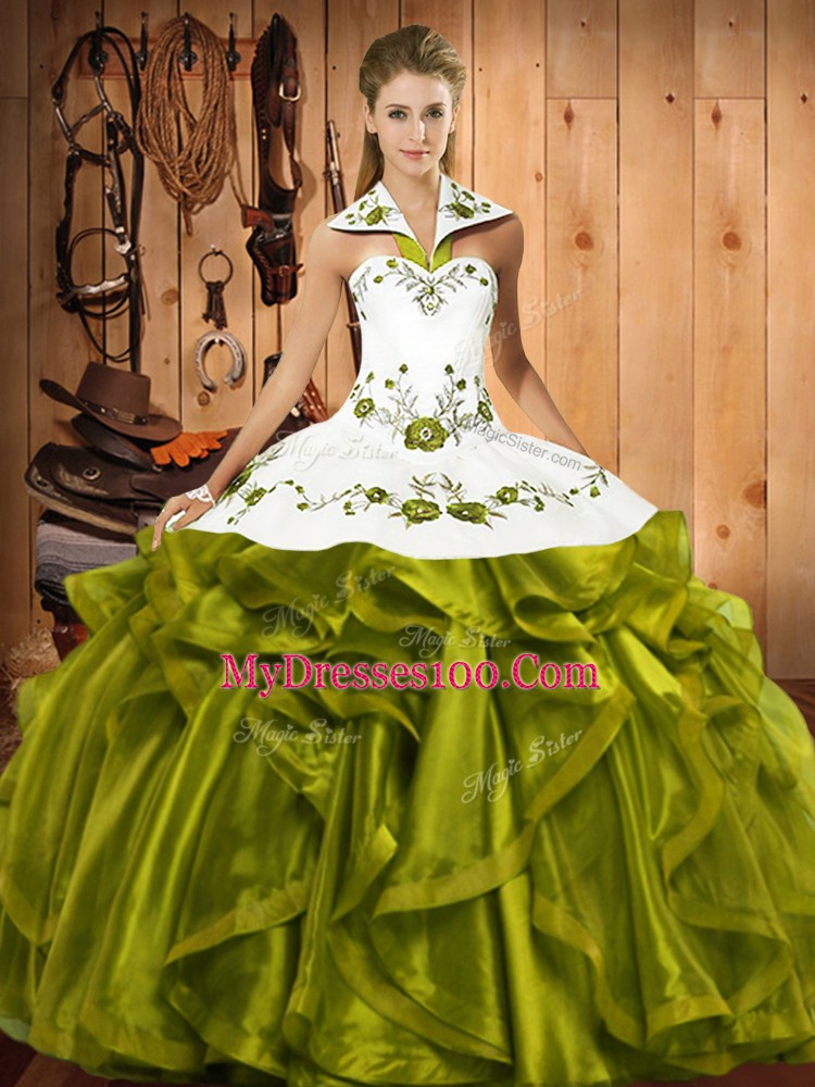 Cute Olive Green Sleeveless Satin and Organza Lace Up Quince Ball Gowns for Military Ball and Sweet 16 and Quinceanera