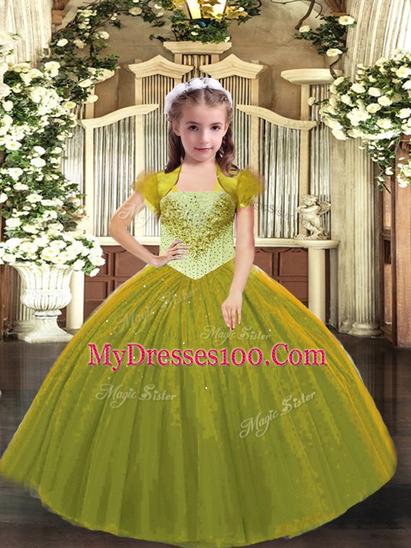 Olive Green Lace Up Straps Beading Pageant Gowns For Girls Tulle Sleeveless